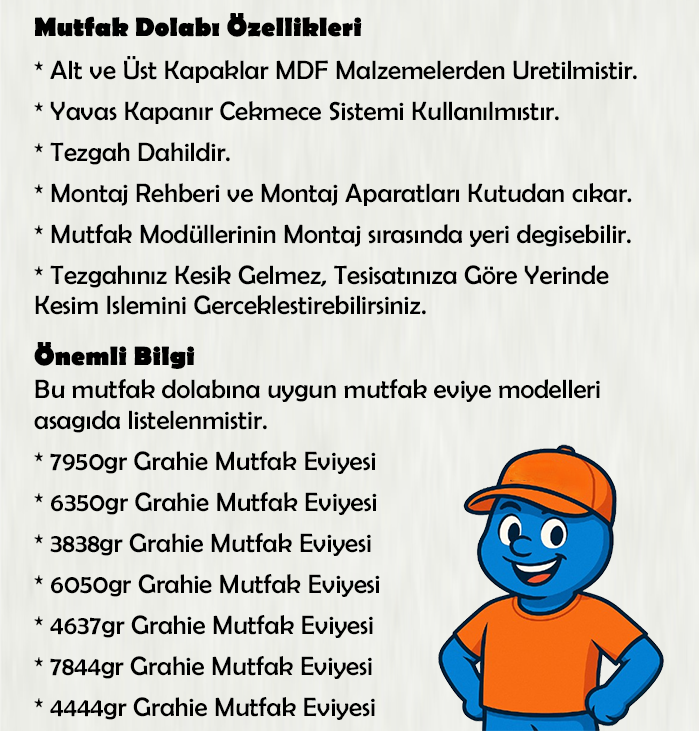 ALESS 190 cm Mutfak Dolabı MDF Kapak Tezgah Dahil YRKN190 97
