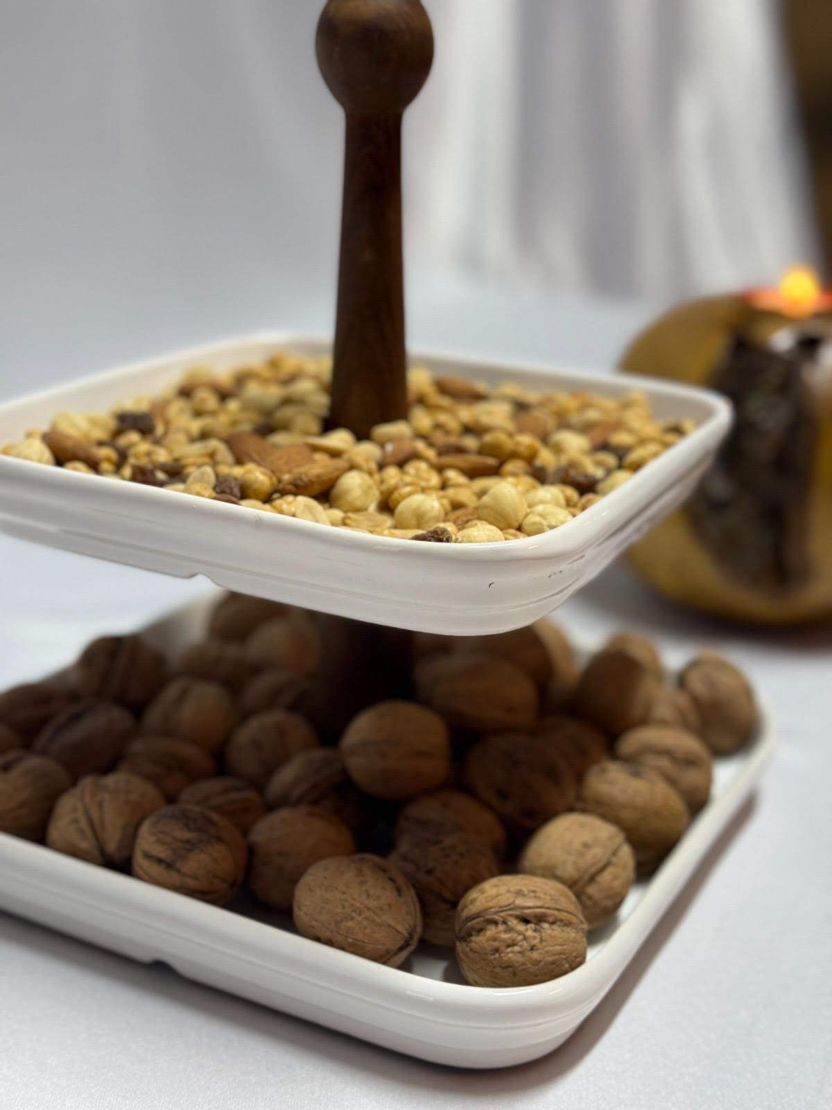 Aless 2 KATLI AHŞAP KULPLU SERAMİK SUNUMLUK ÇEREZLİK MEYVELİK