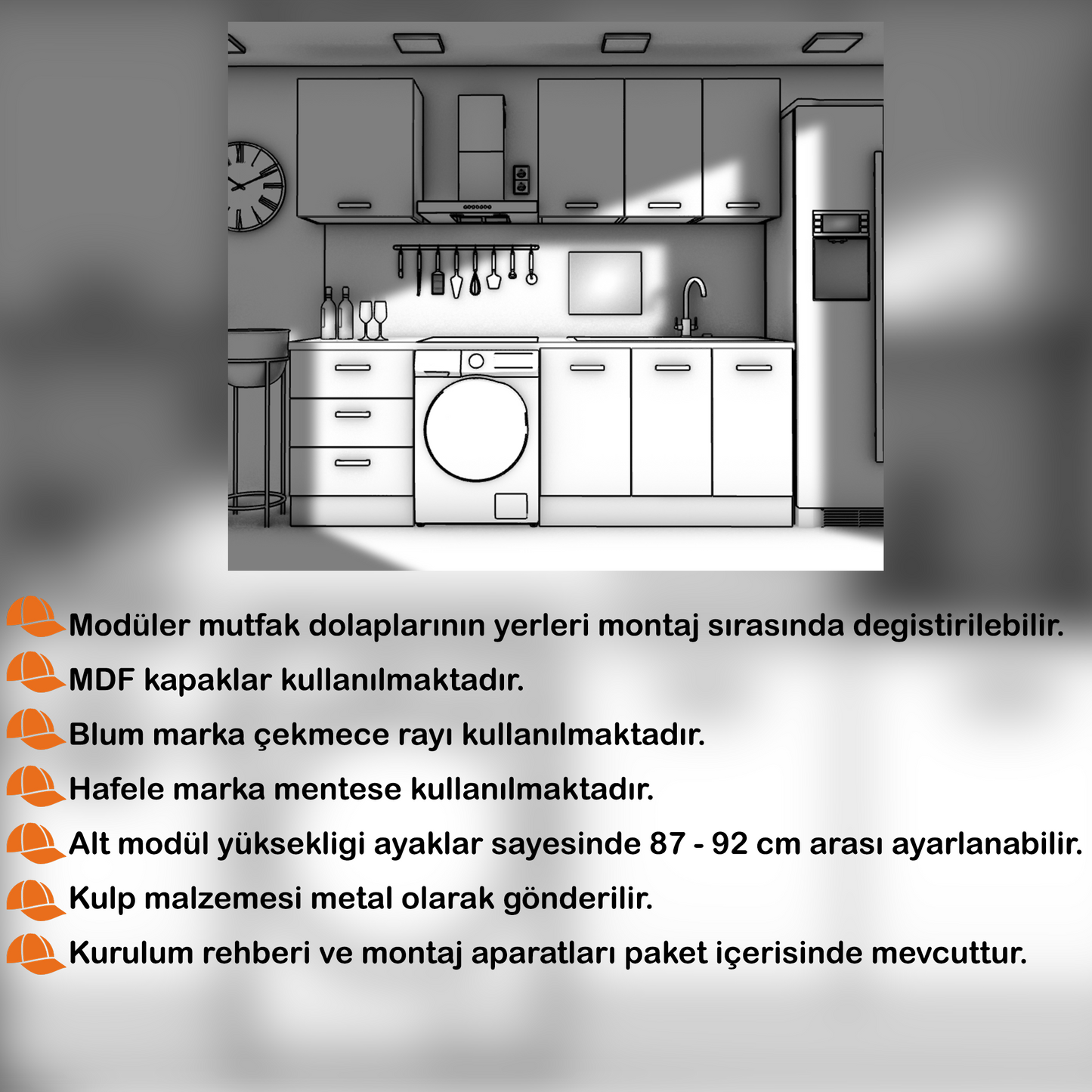 ALESS 185 cm Mutfak Dolabı MDF Kapak Tezgah Dahil YRKN185 97